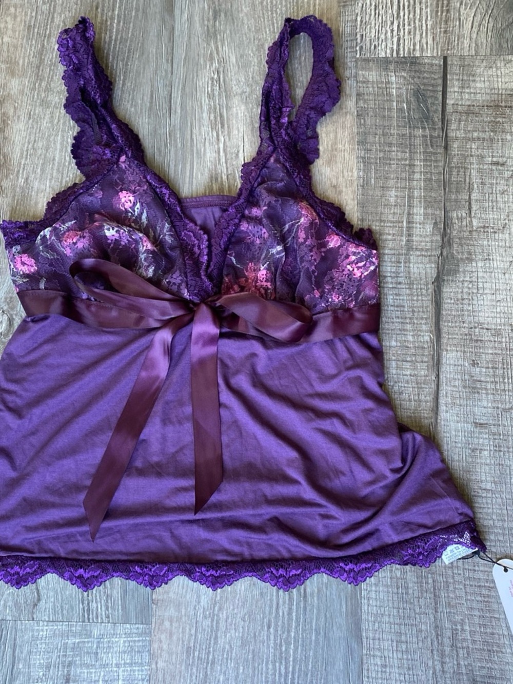 ROMWE Purple Lace-Trim Satin Bow Camisole